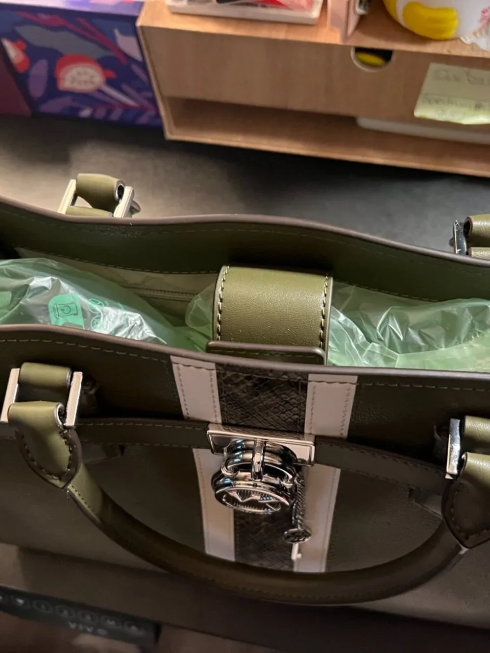 Michael Kors Olive Hamilton Medium Leather & Snake Embossed Stripe Satchel - Picture 5 of 7